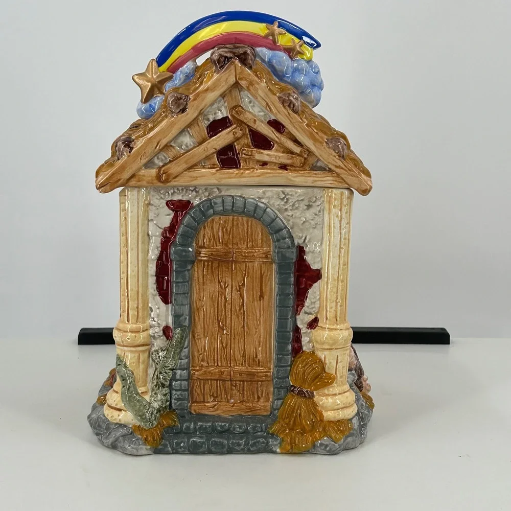 Mercuries Nativity Scene Ceramic Cookie Jar Christmas Holiday Decor Rainbow Star